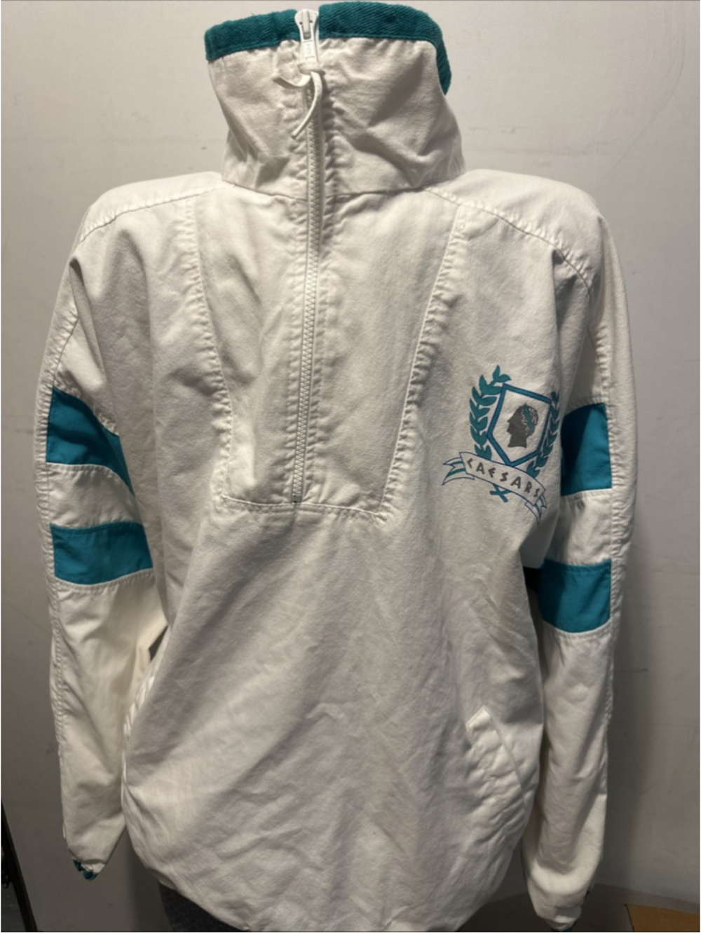 Vintage Caesars Palace Windbreaker Jacket Large White Teal Las Vegas Casino 80s